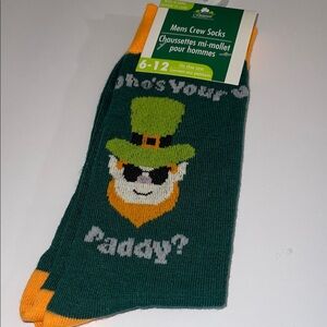 St. Paddy’s Day Leprechaun Green and Orange Men's Crew Socks “Who’s Your Paddy?”